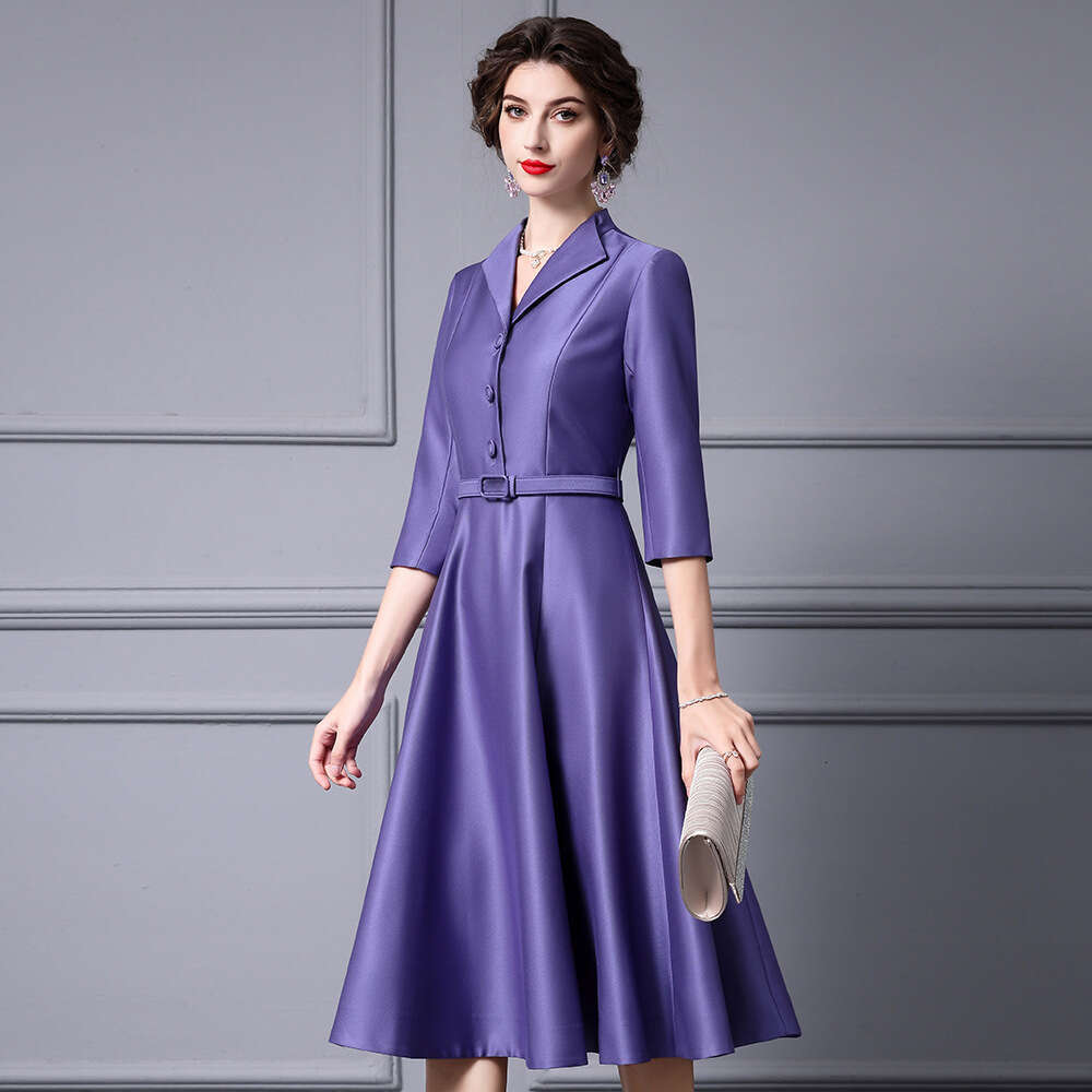 Smart purple mature charm big swing for spring summer 2024 with three quarter sleeves waist cinching revealing a slim and small lapel dress