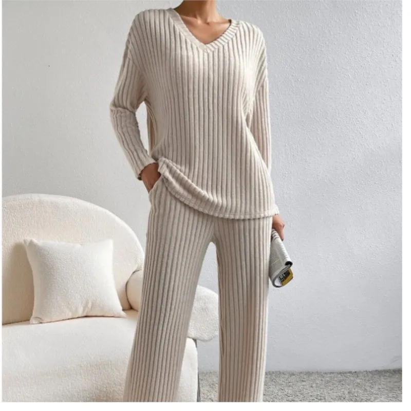 Womens autumn and winter set fashionable casual pit stripe wool Vneck top straight pants solid color sweater twopiece 241008