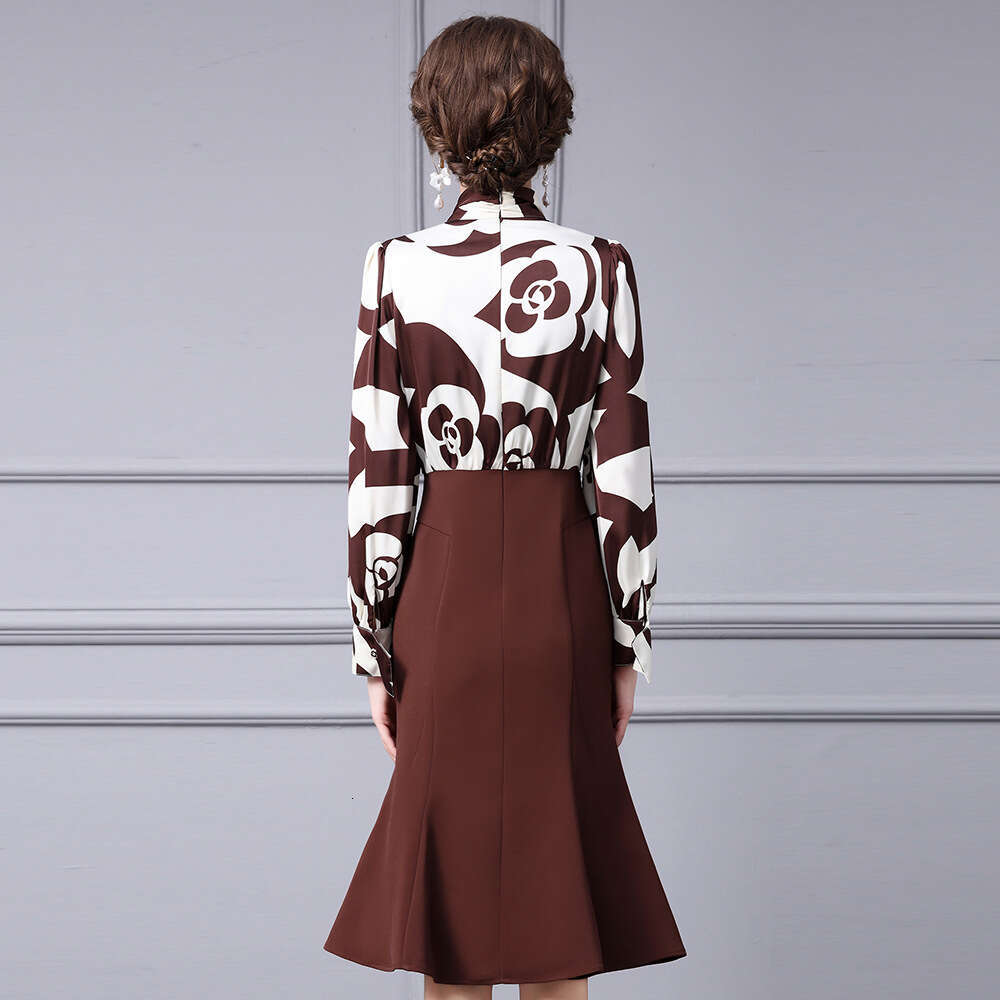 Smart and mature imperial style dress 2024 new bow tie strap splicing fake two-piece hip hugging fish tail skirt autumn