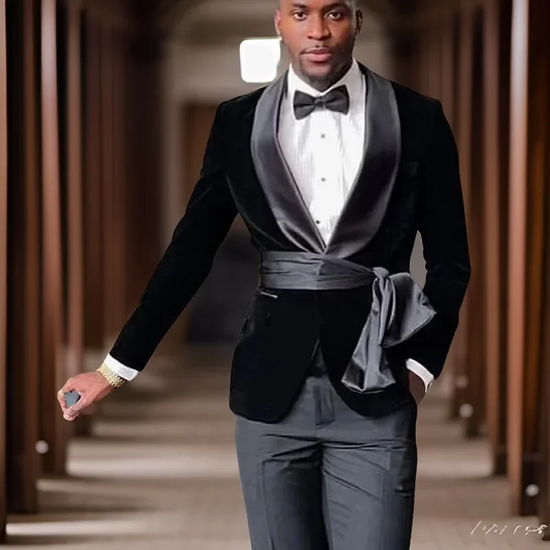 Formal Men Suits Slim Fit With Belt Shawl Lapel Velvet Wedding Tuxedo For Groom African Fashion Blazer (Jacket + Panst) 2024