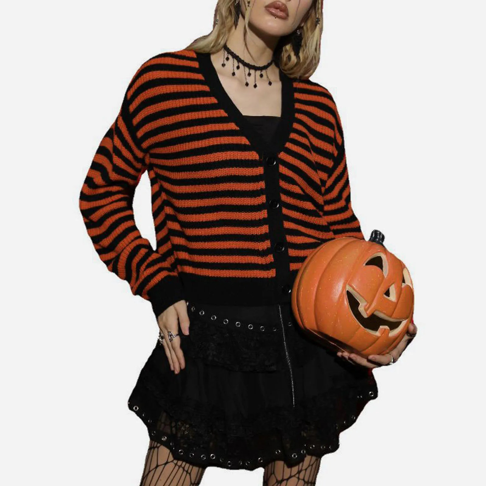 2024 Halloween Women Striped Cardigan Tops Fashion Long Sleeve Vneck Button Clre Winter Fall Casual Jacket Sweater 241007