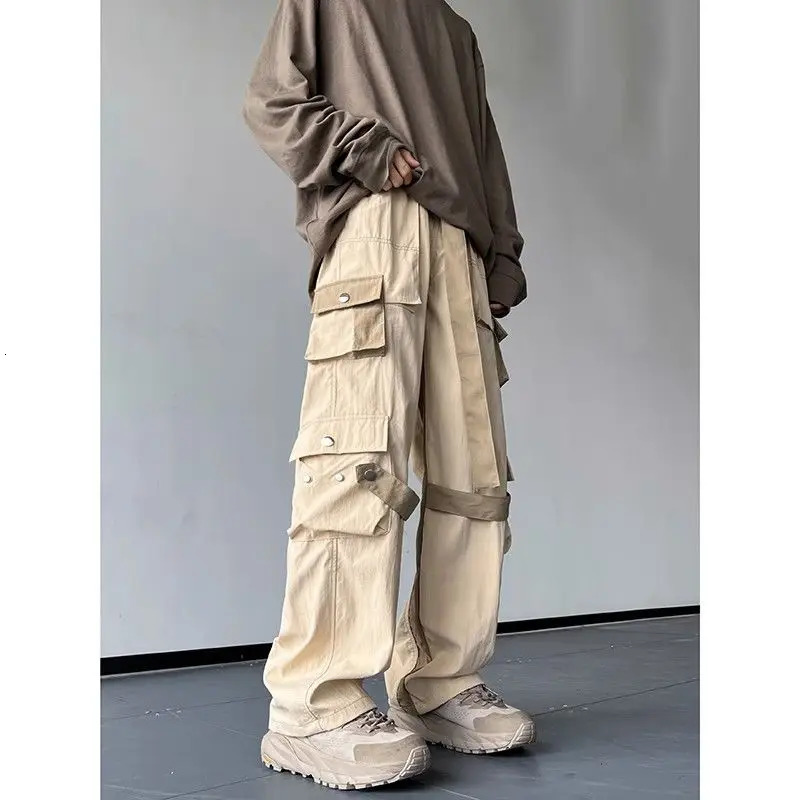 Spring and autumn solid color fashionable elastic waist cargo pants for womens high street casual loose pocket patch work button Y2K Trouser 241007