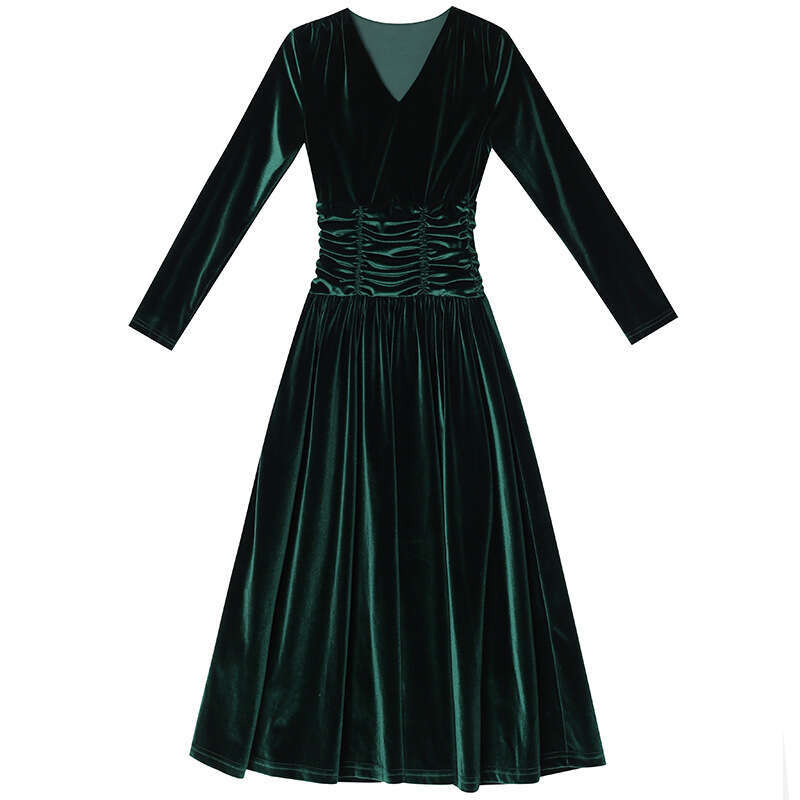 Golden Velvet Dress Autumn Womens 2024 New Style pleated V-neck waist cinched mid length ruffle edge skirt