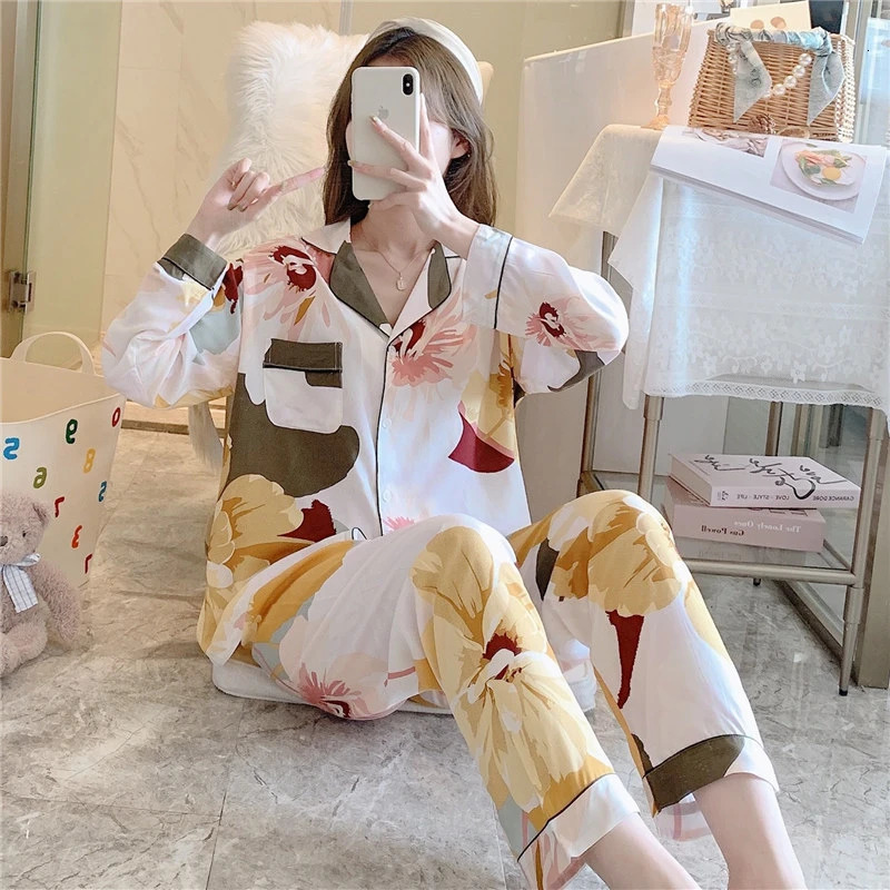 Womens Pajamas Autumn Printed Long Sleeve Casual Evening Dress Two Piece Pajama Set 241011