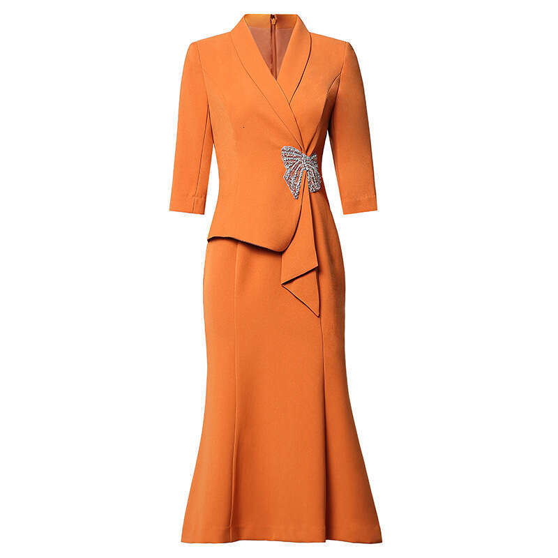 autumn new dress 2024 formal occasion suit collar nail diamond waist slimming long fish tail skirt