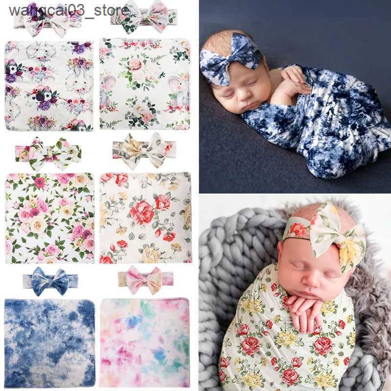 Blankets Swaddling Baby Receiving Blanket Headband Set Infant Floral Printing Swaddle Muslin Wrap Newborn Photography Prop Blankets For Newborn L24091