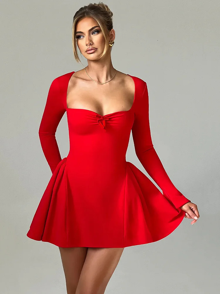 Mozision Long Sleeve A-line Sexy Mini Dress For Women Robe Autumn Fall Bow Square Collar Pleated Dress Elegant Dresses 241010