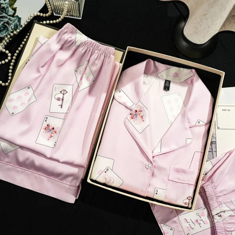 Summer Three piece Ice Silk Pajama Womens Short sleeved Set Pink Poker Ins Style Night Light Cute and Comfortable Casual Clothing 241011