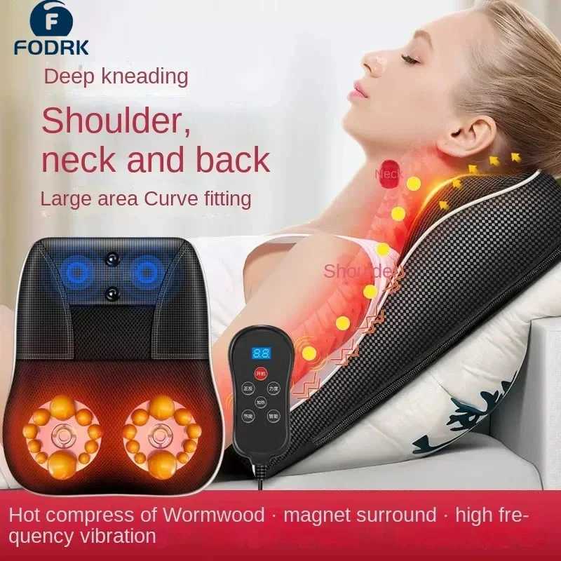 FODRK Electric Finger Pressure Head and Neck Cervical Ttraction Body Massager Car Rear Pillow with Heating and Vibration Massage Equipment W240819