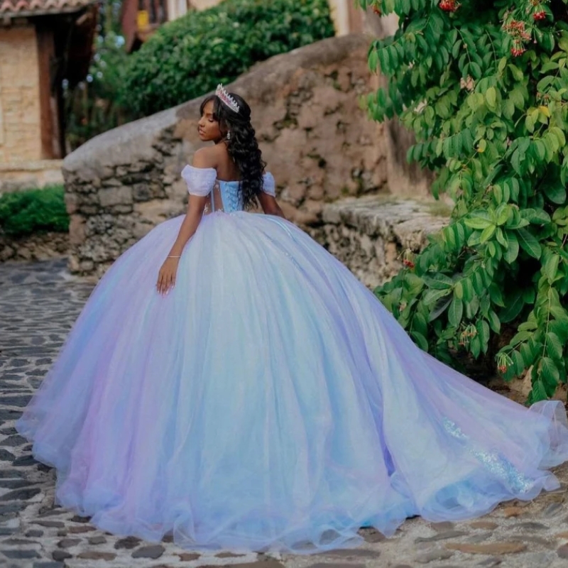 Sky Blue Lilac Shiny Quinceanera Dresses Lace Applique Tull Lace-Up Sweet 16 Off the Shoulder Ball Gown Vestido De 15 Anos