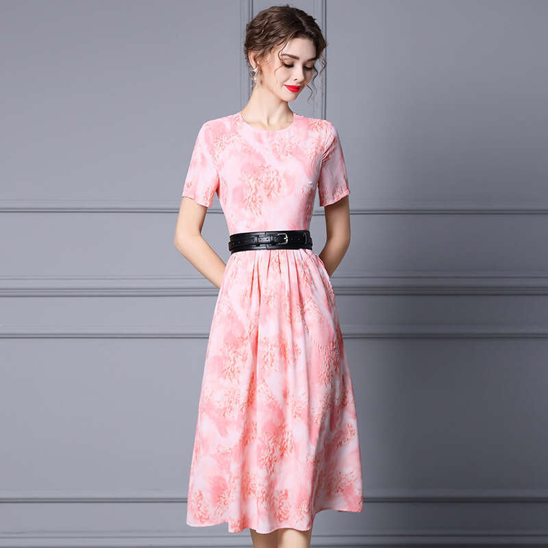 Commuter Slimming Dress 2024 New Womens Summer Mid length Printed Pink Wide Belt A-line Skirt
