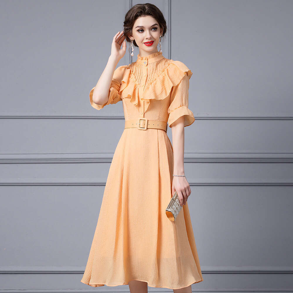 Ear Edge Stand up Collar Dress Autumn 2024 New Style High Grade Temperament Bundle Belt Long Skirt
