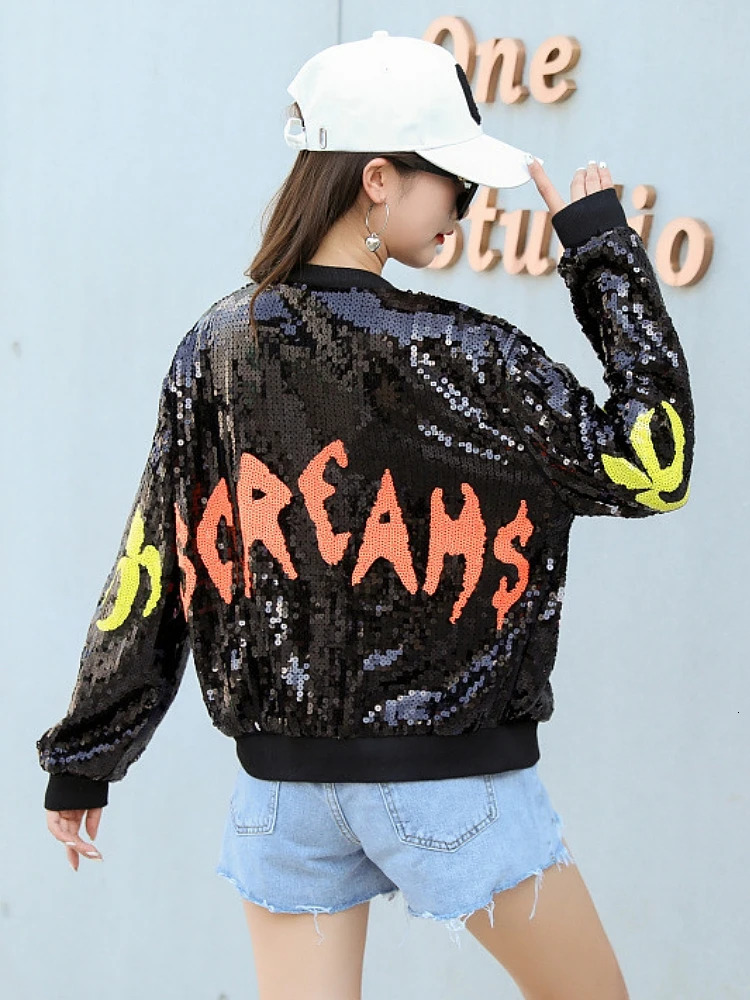 Y2K Streetwear Bling Eye Letter Sequin Women Jacket Hip Hop Juniors Colorful Baseball Bomber Cartoon Outwear 241011