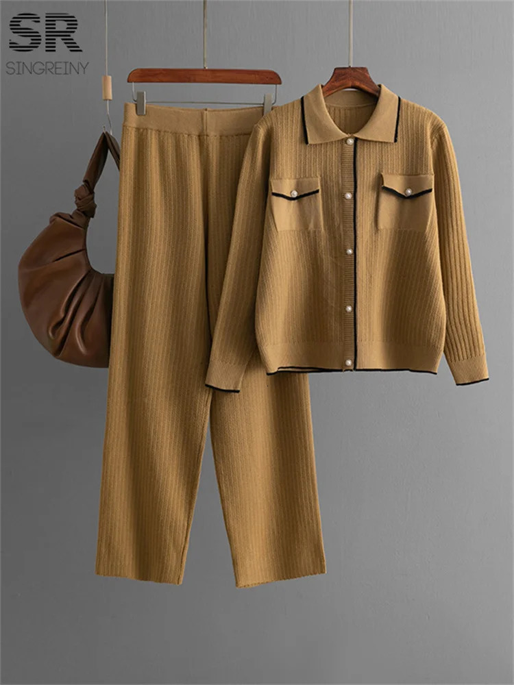 SINGREENY French style Knitted 2-piece Womens Pocket Single Chest Polo Neck TopPants Fashion 2-piece Set 241010