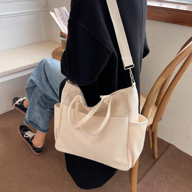 Womens Simple Literature Solid Color Ins Lazy Style Canvas Large Bag Korean Version Single Shoulder Horizontal Bag 241008