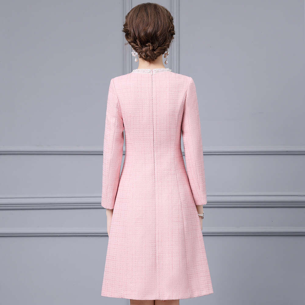 pink high-end socialite temperament handmade nail bead waist slimming coarse tweed dress 2024 autumn new item