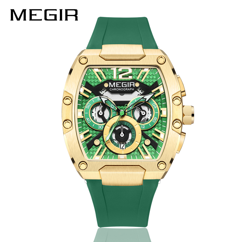 MEGIR 8112 Quartz Watch Fashion Creative Night Light Date Chronograph Simulation Display Green Silicone Strap Men's Watch