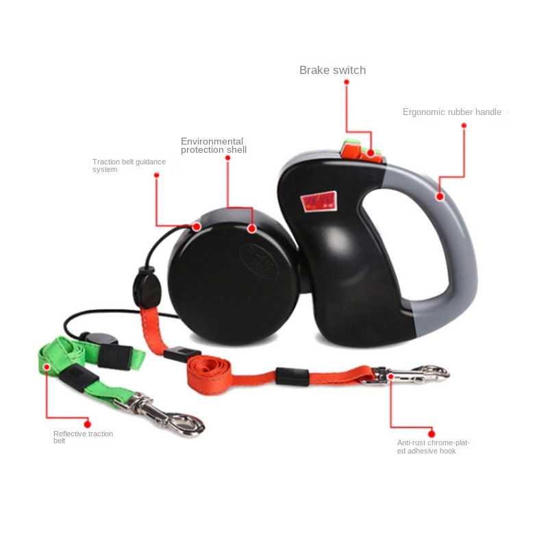 Automatic telescopic traction rope, one trailer with two ends, creative dog walking rope, pet dog chain