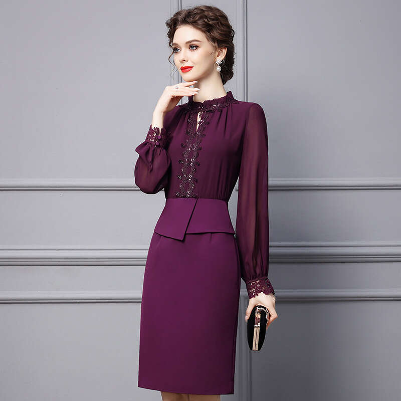 formal occasion dress 2024 autumn new item black fungus edge stand collar purple long sleeved slim fit hip hugging skirt