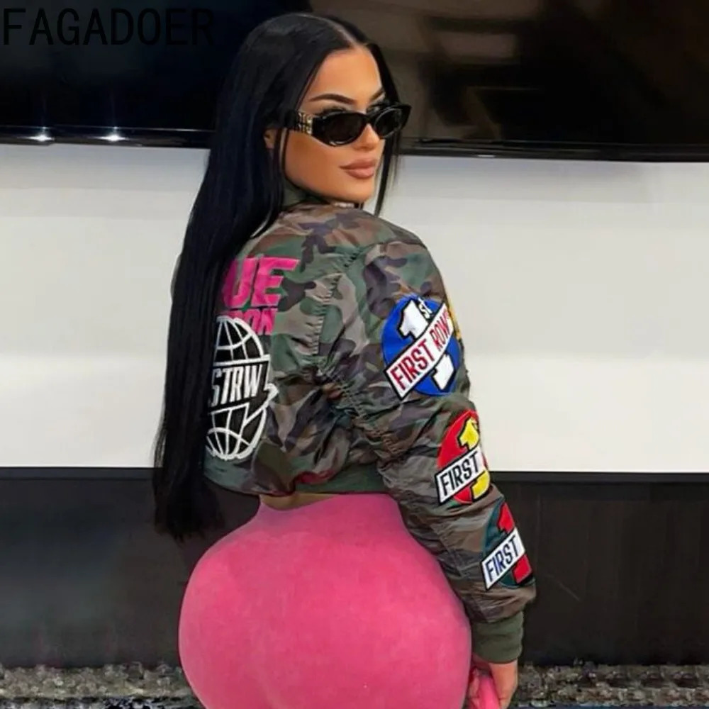 FAGADOER Autumn Camouflage Baseball Bomber Jackets Women Y2k Pattern Print Street Outwear Zip Moto Coat Girl Clothing 241011