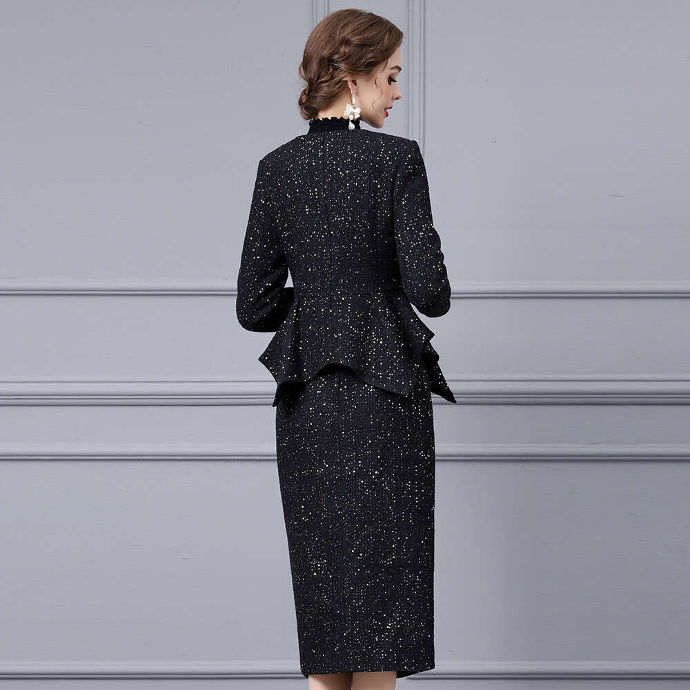 Lady Autumn Set Womens High End Lotus Edge Sparkle Short Top Split Half Skirt Two Piece Set