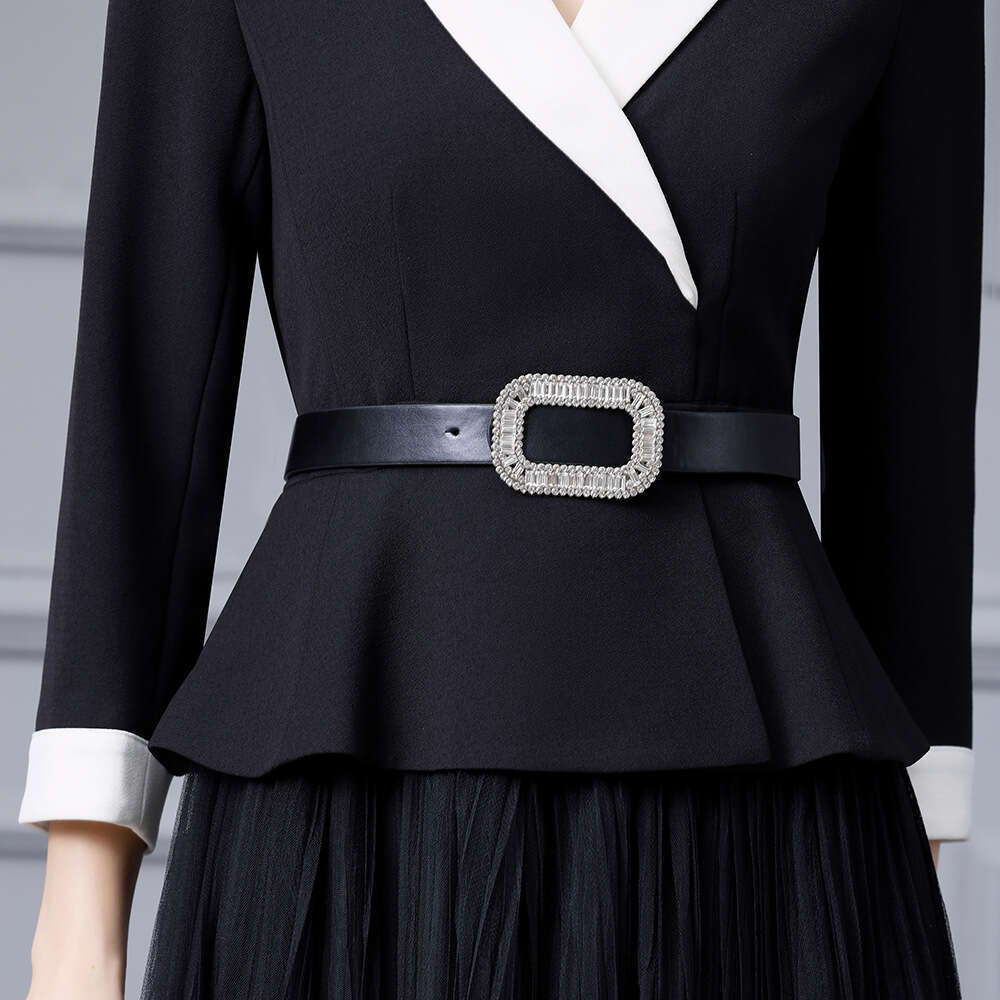 black and white contrasting suit splicing mesh fake two-piece large swing dress temperament goddess style 2024 autumn new item