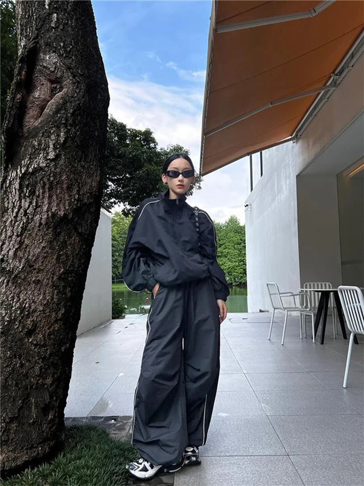 HOUZHOU Sports Two piece Suit Womens High Street Sport Track Jacket Loose Sports Pants Womens Outdoor Jogger Tracksuit Womens 241010