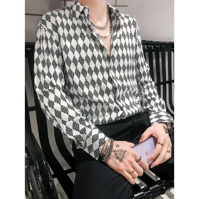 Spring and Autumn Fashion Pure Cotton Collar Long Sleeve Diamond Plaid Shirt Mens Trend Button Retro Shirt 241010 - view 4