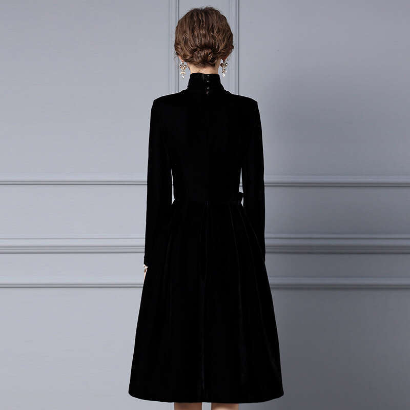 Autumn Dress 2024 New French Gold Velvet High Collar Long Sleeve with Coat to Look Thinner A-line Skirt