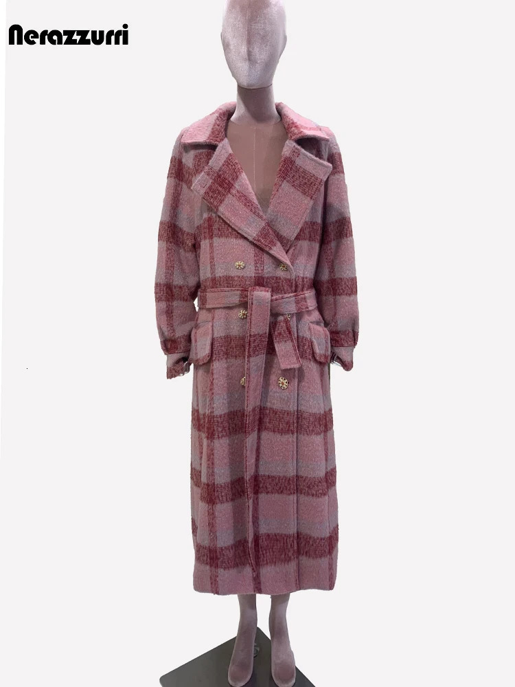 Nerazzurri Autumn Winter Long Oversized Colorful Thick Warm Soft Plaid Woolen Coat Women Double Breasted Wool blends Overcoat 240930