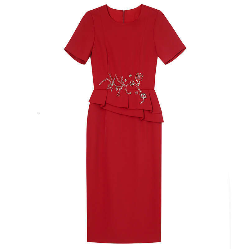 wine red 2024 new summer outfit high-end nail bead fake two-piece short sleeved waist slimming dress
