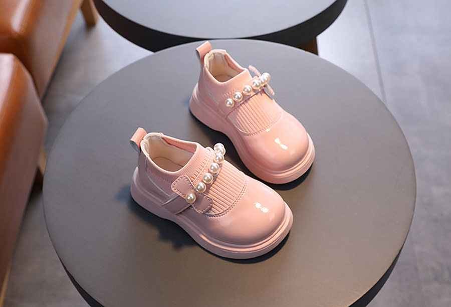 Children's Girl Baby Leather Shoes Pearl Beaded Fashion Princess Round Toe Heightening Cutefeet Casual Comfortable Student Shoes Sizes 21-30