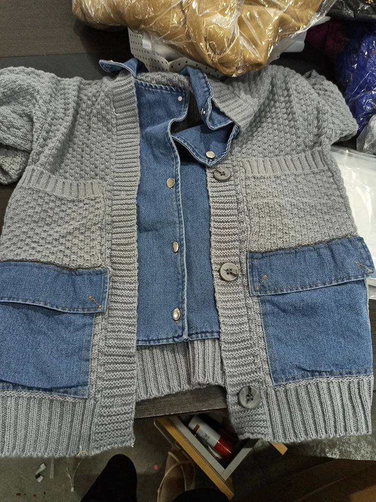 EWQ Fashion Casual Denim Spliced Long Sleeve Knitted Cardigan Loose Thick Women Sweater Coats Winter 2024 Autumn 16O14 241007
