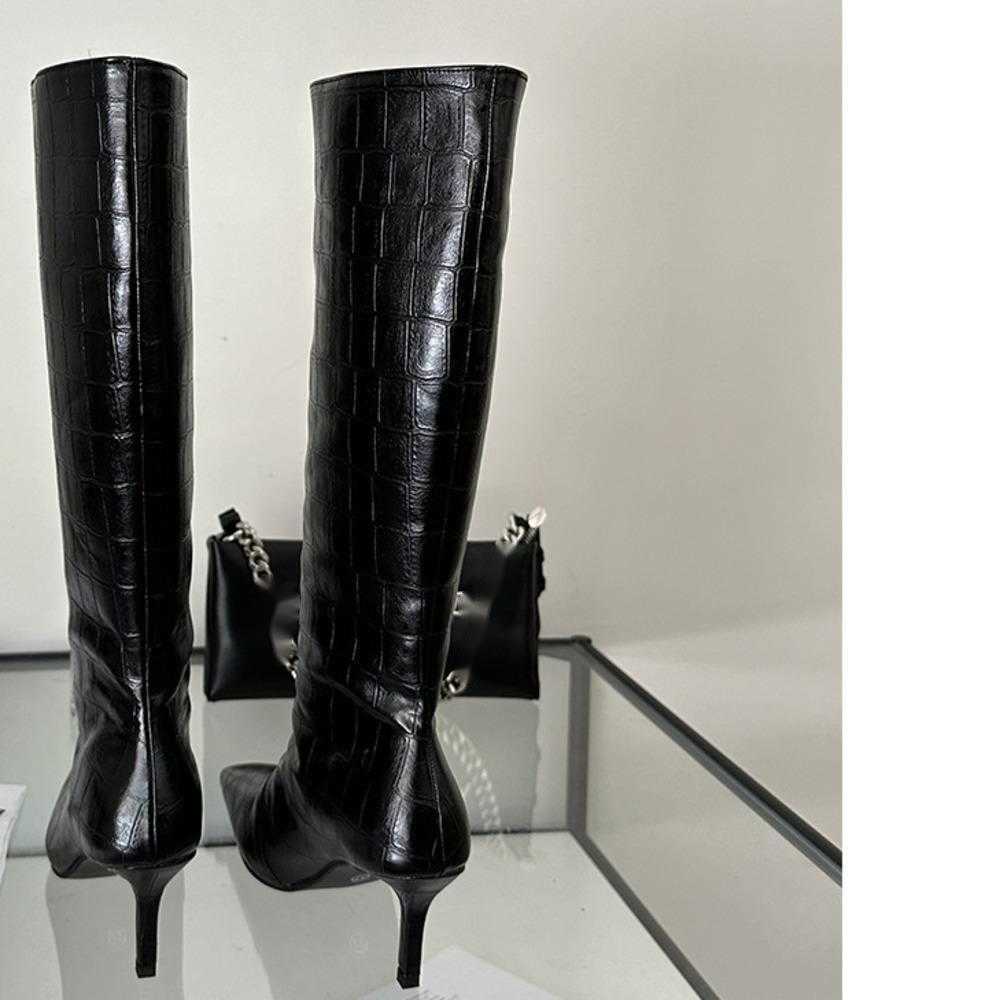 Winter Fashion Boots Square Head Thigh High Heel Boots White Knight Boots Crocodile Pattern Martin Boots Barrel Knee Boots 240826