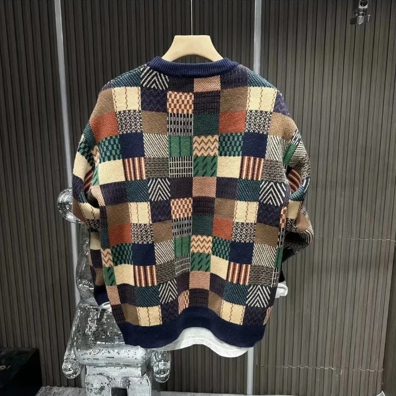 Autumn Winter Fashion Round Neck Long Sleeve Plaid Mens Clothing Hoodies Printing Patchwork Pullovers Korean Trend Chic Top 241010