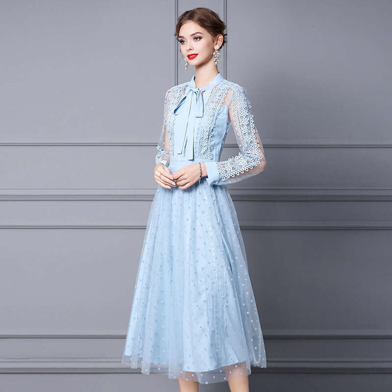 Water Blue Autumn 2024 New Style Womens Charm Waist slimming Lace Long Dress