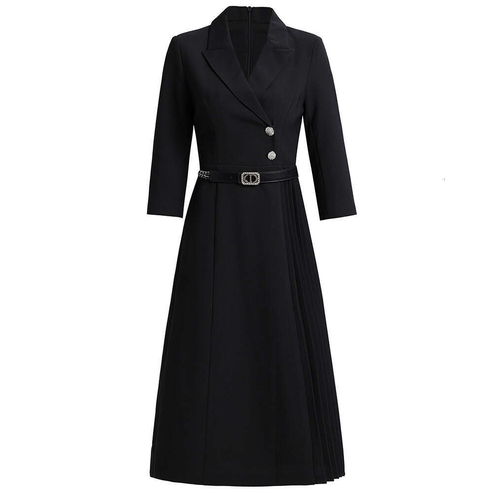 OL commuting temperament unique pleated A-line skirt belt suit collar dress autumn new womens clothing 2024