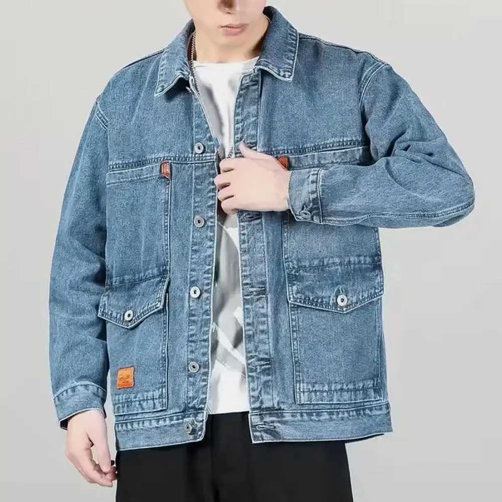 Fashionable mens autumn jacket pocket lapel hip-hop mens autumn denim jacket cardigan autumn jacket W241011