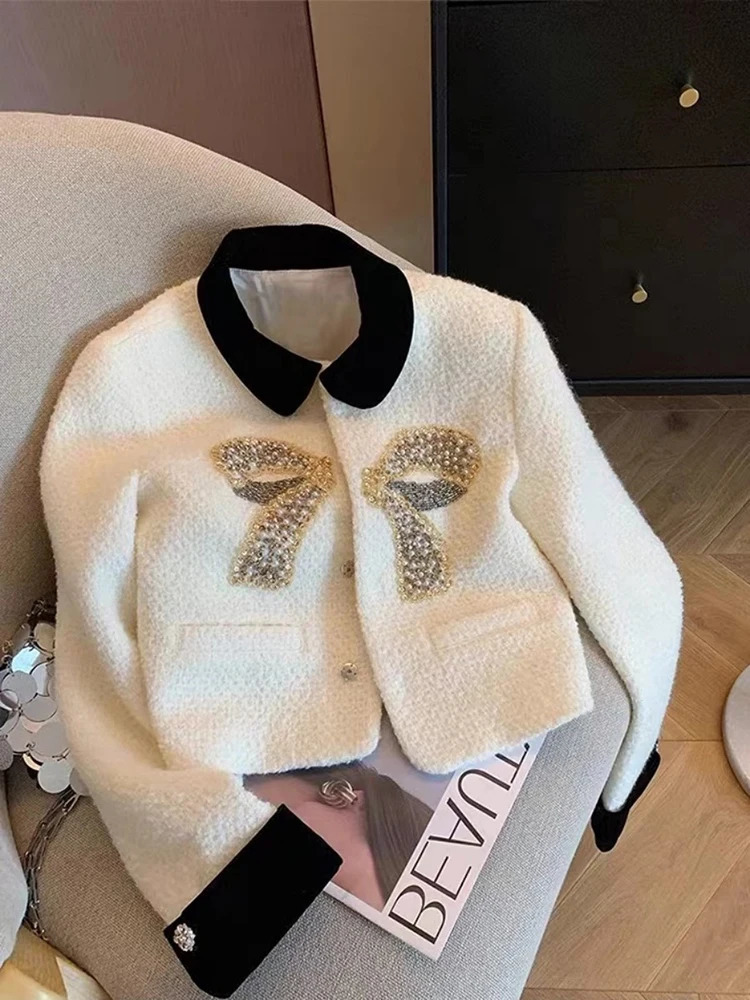 Spring Autumn Beading Tweed Cardigan Coat Jacket Office Lady Singlebreasted Elegant Outerwear For Women Loose Overcoat 241011