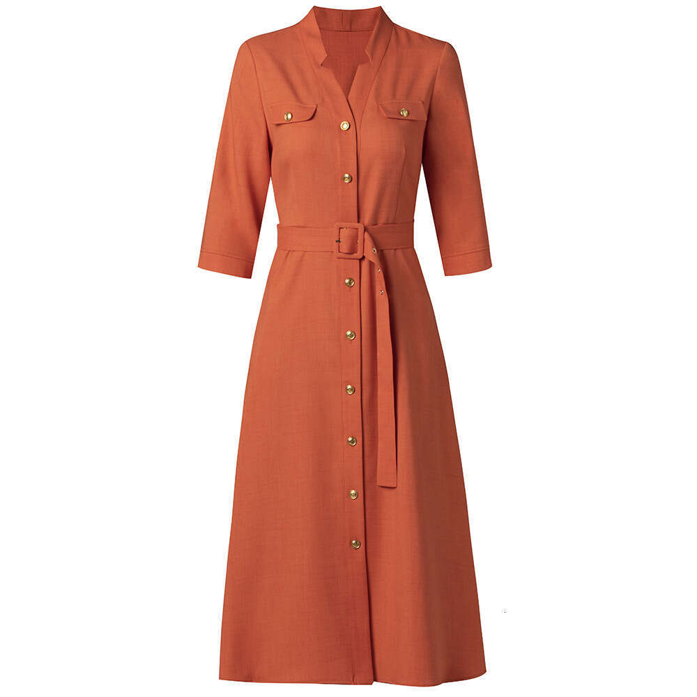 French style V-neck shirt dress with cinched waist and seven quarter sleeves single breasted large swing dress autumn 2024