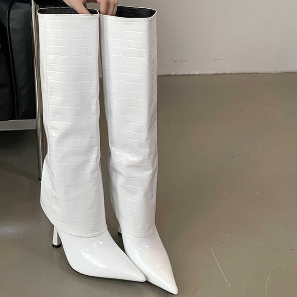 Sharp Pointed Fashion Boots Women Slim High Heel Boot Fashionable Leather Martin Boots Spring Autumn Crocodile Pattern Knee High Heels Knight Boots 24