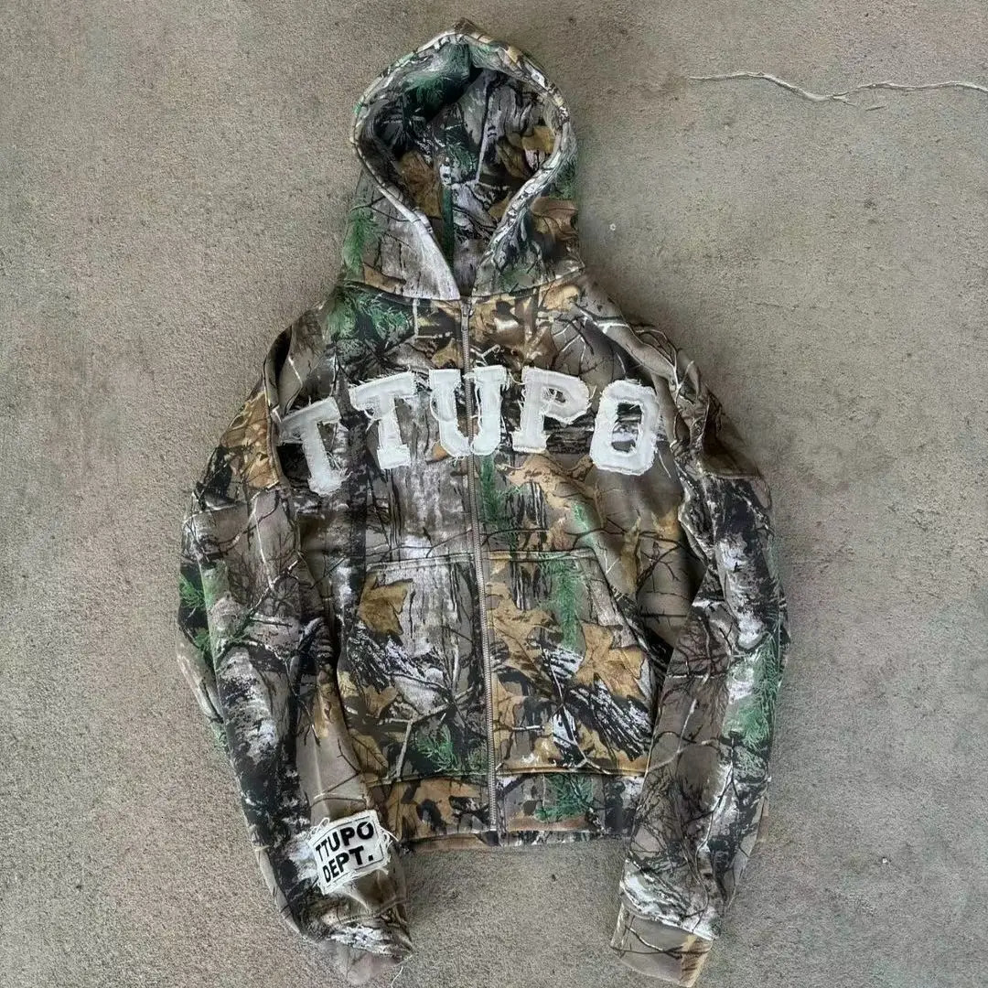 Y2k Retro Camo Zipper Hoodie Trend Mens Loose Jacket American Classic Letter Embroidered Street Wear 241010