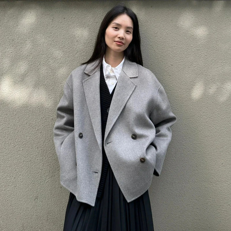 2023 Autumn Doublebreasted Wool Blend Short Women Coat 241008