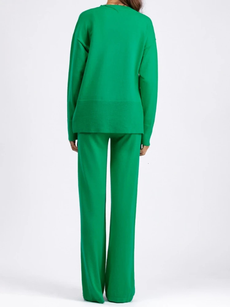 European and American Autumn/Winter Casual Set Womens Solid Loose Pants Set Sweater Zipper Knitted Two Piece Set 241010