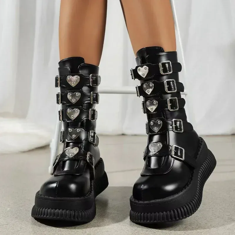 Women Black Gothic Platform Wedges Motorcycle Female Punk Bottom Boots Ladies Thick High Heels Party Shoes