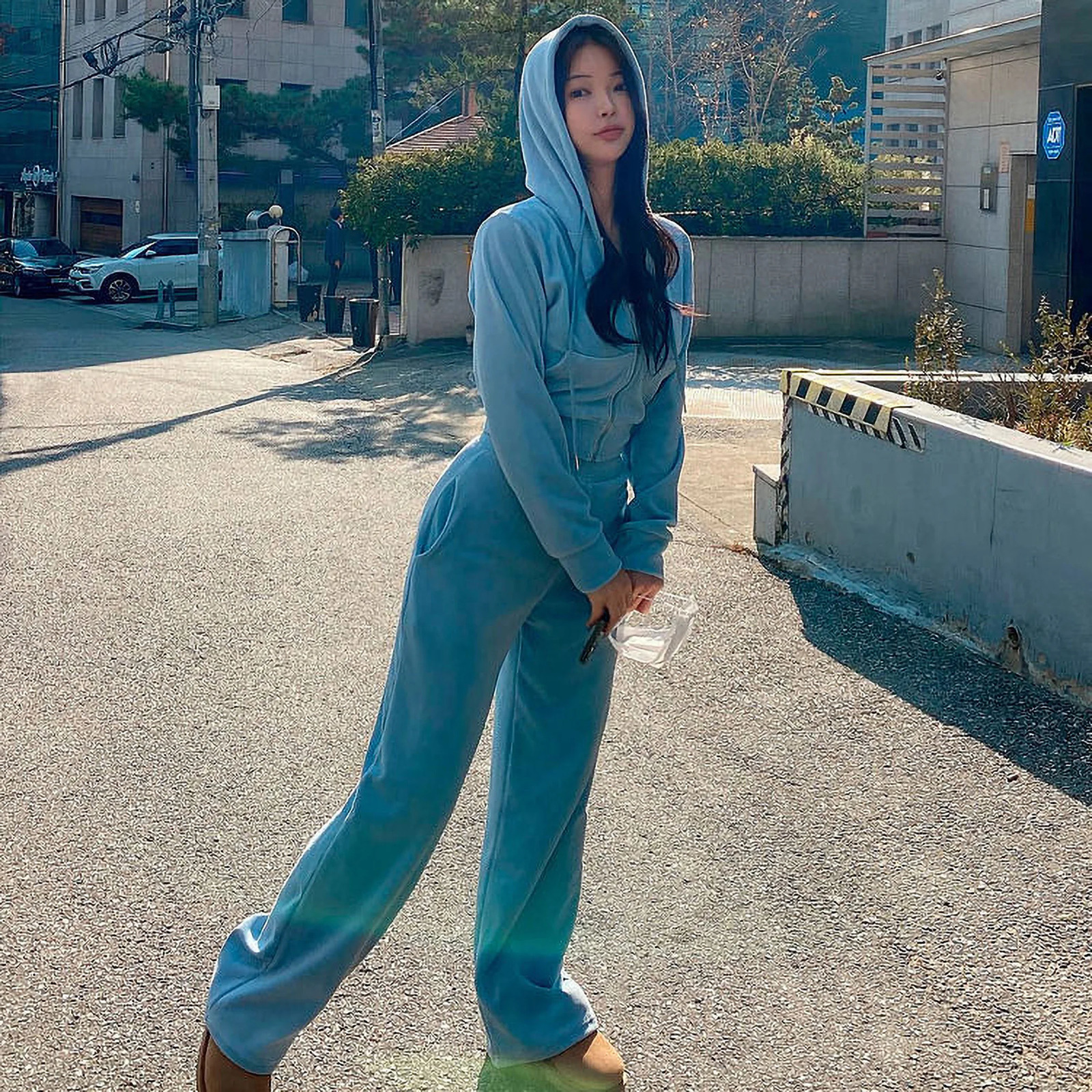 Autumn and Winter Velvet Pure Sports Set Womens Korean Fashion Cutting Hoodie Zipper Casual High Waist Pants Warm 241008