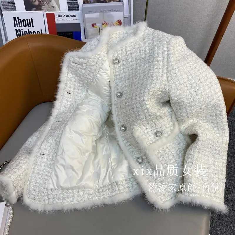 Down Jacket Womens Winter Mink Fur Stitching Thickening White Duck Liner Tweed Coat 241011