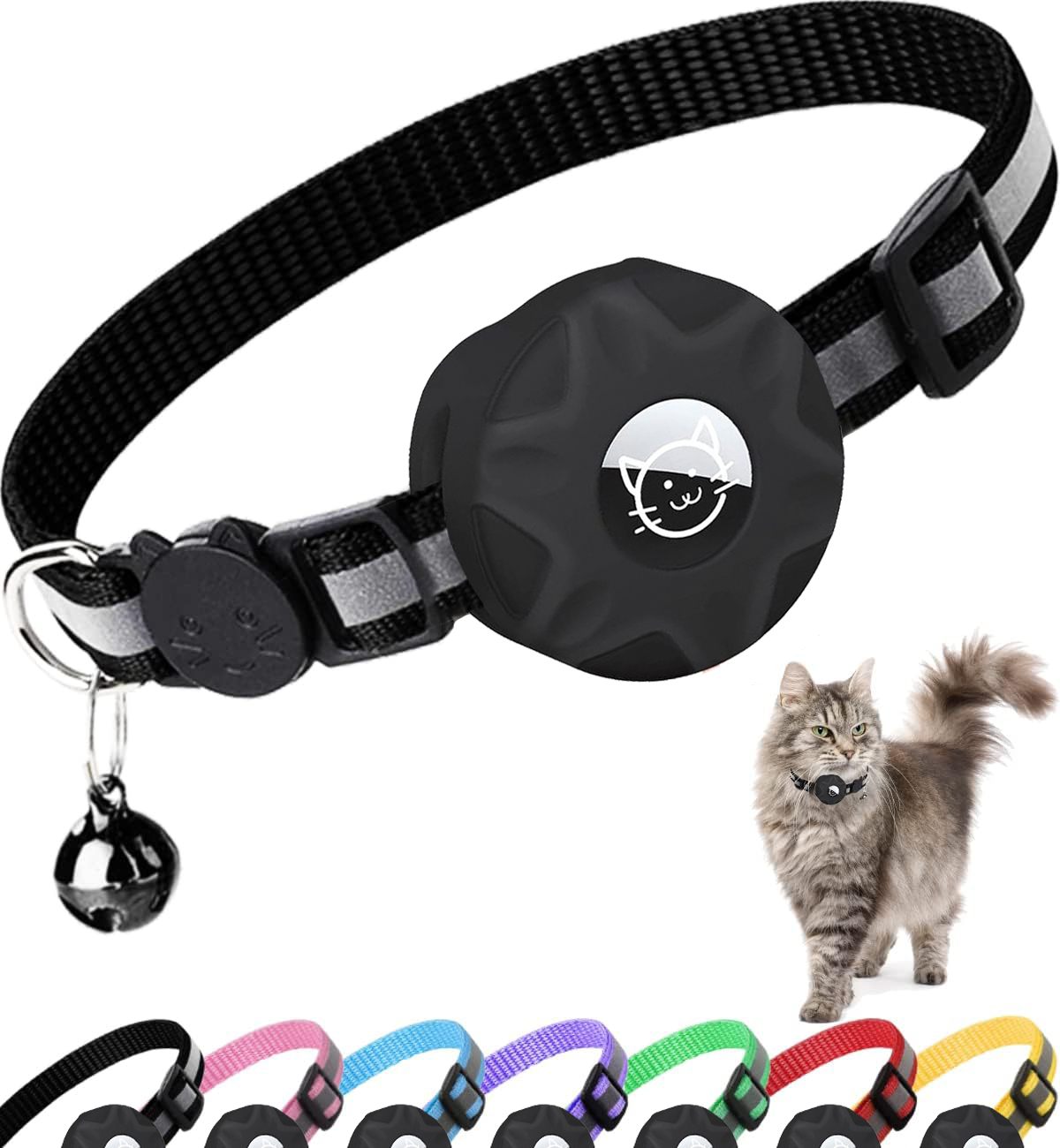 Airtag Pet Collar Breakaway, Reflective Kitten Collar with Apple Air Tag Holder and Bell for Girl Boy Cats, 0.4 Inches