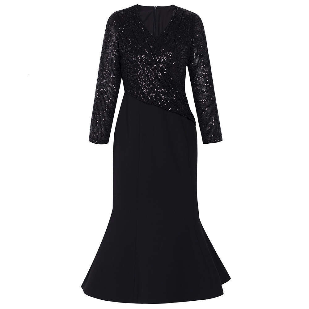 Heavy Industry sequin splicing V-neck cover belly slimming high-end mature temperament noble lady dress autumn style