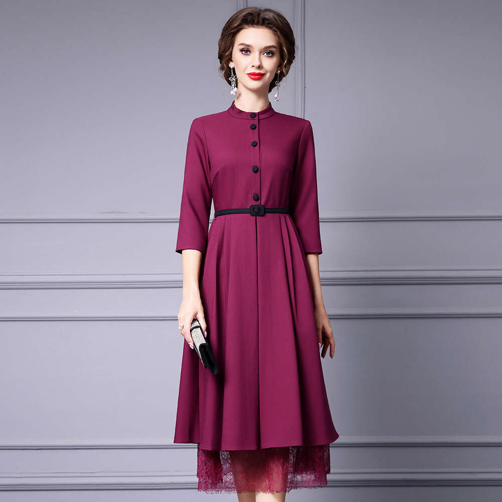 womens super beautiful dress slim fit and slimming stand up collar lace patchwork A-line skirt 2024 early autumn new item